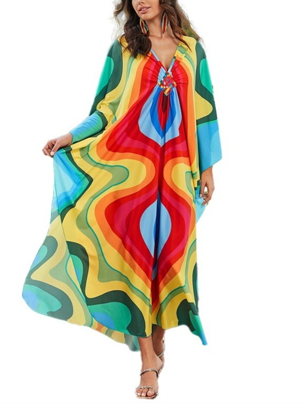 Wave Print Kaftan Swimsuit Cover Up Beach Dress Loungewear